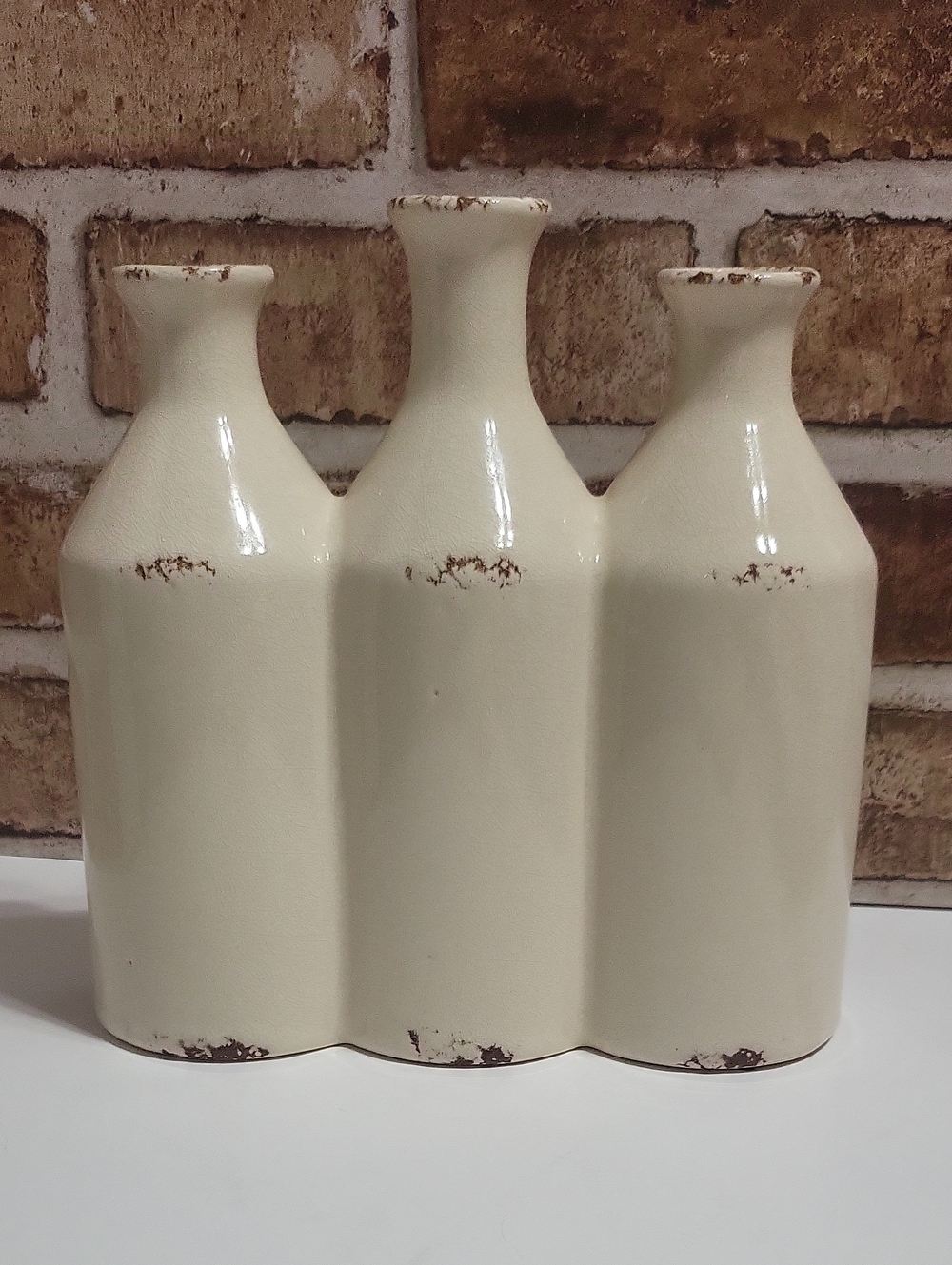 Cost Plus World Market Cream Triple Bottle Ceramic Vase